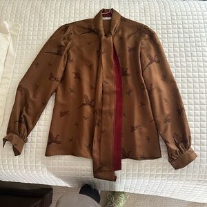 Beautiful silk Vintage Gloria Sachs blouse with tie in wine and brown